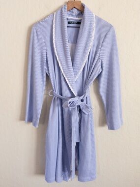 Lauren Ralph Lauren Cotton Jersey Robe Medium Blue Stripes Embroidered Logo
